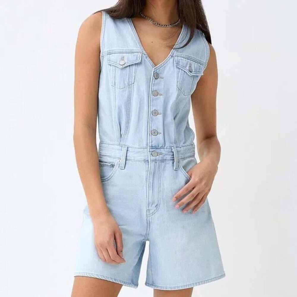 Levi's Denim Light Wash Faded Shortalls Overall Shorts Romper